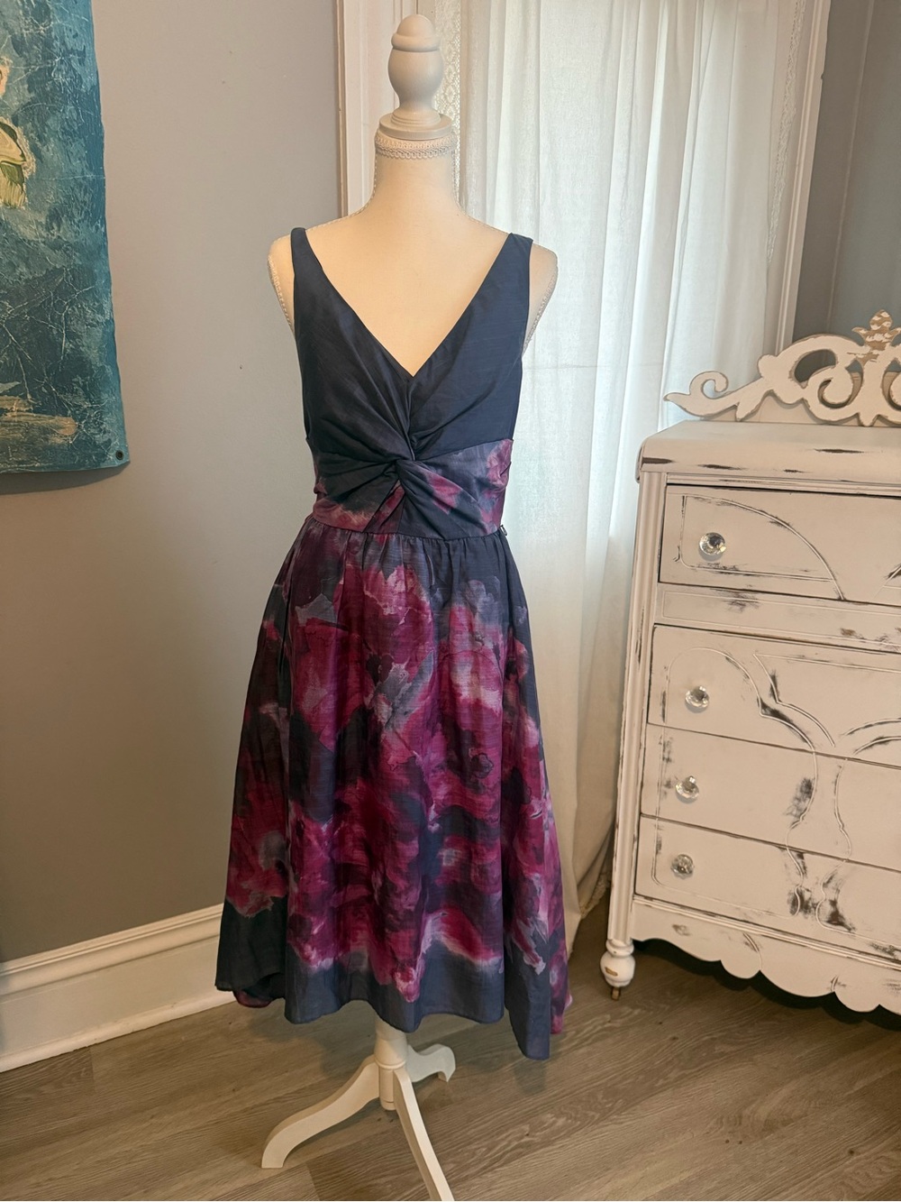 Lela Rose Women's Gray Watercolor Sleeveless V-Neck Silk Blend Dress Size 4 - Picture 2 of 6